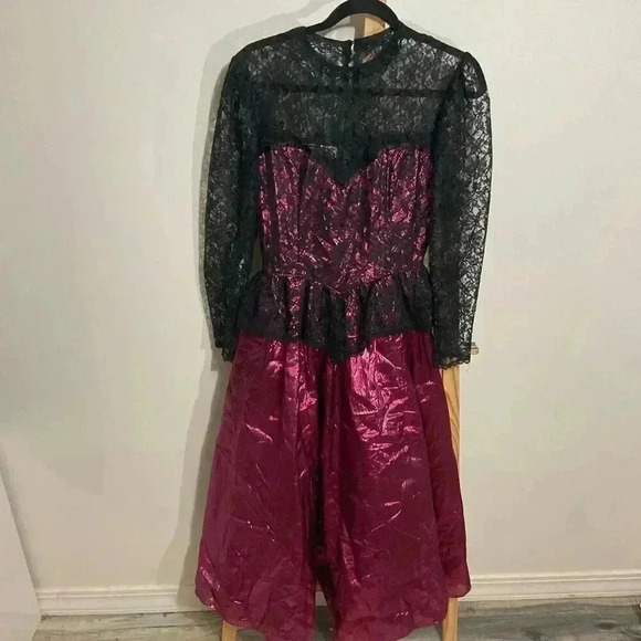 Vintage Gunne Sax Gothic Lace and Maroon Metallic Flare Dress Long Sleeved